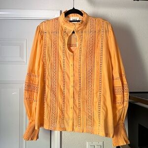 NWT MOS orange eyelet lace trim embroidered keyhole pleated ruffle blouse